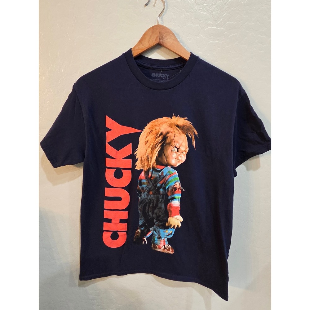 Chucky Childs Play Horror Movie Graphic T-Shirt Navy Blue Mens Medium M